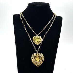 Vintage 1950s Miriam Haskell Double Heart Locket Necklace—Frank Hess Era Design